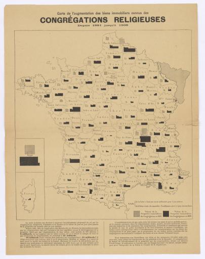 Carte de l'augmentation des biens immobiliers connus des congrégations religieuses depuis 1881 jusqu'à 1898.